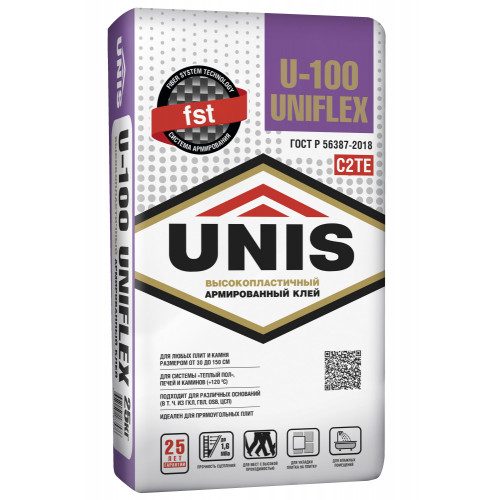 Клей для плитки Unis Uniflex U-100 серый класс С2 ТЕ 25 кг